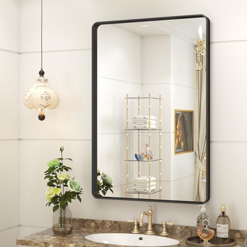 CHARMOR 20x30 Inch Black Metal Framed Bathroom Mirror, Shatterproof Tempered Glass, Wall Mount, Modern Style