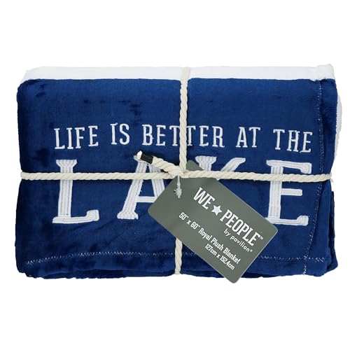 "Pavilion Gift Company Life Is Better At The Lake-Blue & White Super Soft 50 x 60 Inch Striped Throw Embroidered Text 50"" x 60"" Royal Plush Blanket, Blue"