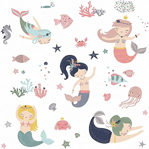 RoomMates RMK4394SCS Sweet Pastel Mermaids Peel and Stick Wall Decals - Girls Room Decor,Blue, Tan, Yellow, Pink, Green, Purple, White