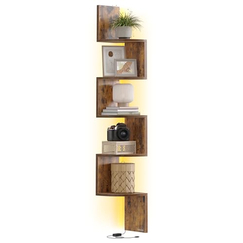 VASAGLE Wall Mounted Corner Shelf with RGB LED Lights, 5-Tier Floating Corner Bookshelf, Plant Shelf, for Bedroom, Living Room, Bathroom, Office, Button and Remote Control, Rustic Brown LBC630K01