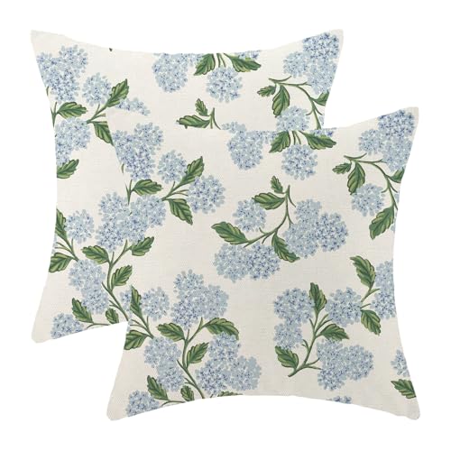 OFIRD Spring Pillow Covers 18x18 Pack of 2 Green Blue Hydrangea Floral Throw Pillow Covers Outdoor Summer Seasonal Flower Decor Pillowcase Farmhouse Decorative Linen Cushion Case for Sofa Couch