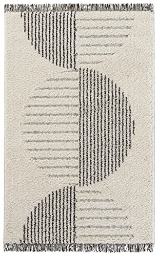 Akan High Pile Living Room Rug Fringe Soft Fluffy Long Pile Shaggy Flokati Skandi Circle Pattern for Kitchen Hallway or Bedroom High Low Structure Cream Grey 80 x 150 cm