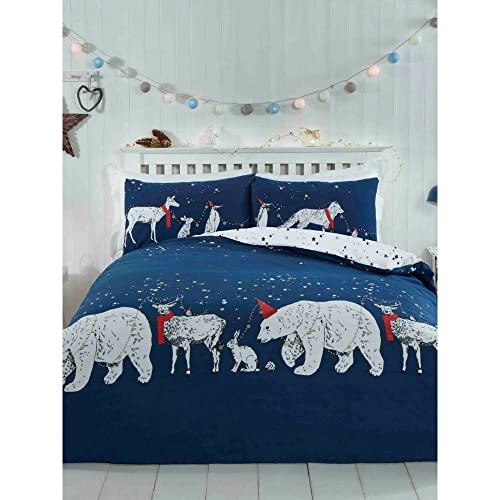 Rapport Home Double Duvet Cover Set - Christmas Polar Bear & Friends Reversible Polycotton Bedding - Navy Blue Seasonal Design