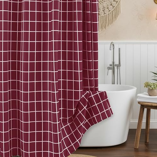 Biscaynebay Fabric Farmhouse Shower Curtain for Bathroom-Modern Faux Linen Textured Grid Plaid Shower Curtains, Minimalist Simple Geometric Neutral Decor Machine Washable-70x72 Inches Burgundy