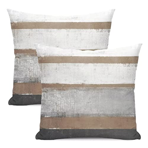AEIOAE Outdoor Brown Pillow Covers 18x18 Set of 2 Light Brown Gray Striped Decorative Throw Pillow Cotton Square Modern Abstract Art Painting Cushion Cover Decor for Home Couch Sofa Bedroom