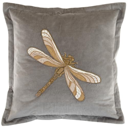 Voyage Maison Aria Feather Filled Cushion – Embroidered Velvet Soft Luxury Oxford Border Designer Décor (Grey - 50x50cm)