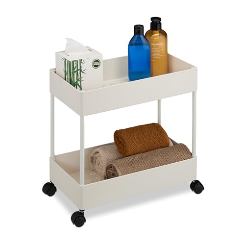 Relaxdays 2-tier trolley, serving, kitchen, bathroom & office, rolling shelf, HxWxD 38x39.5x21.5cm, white