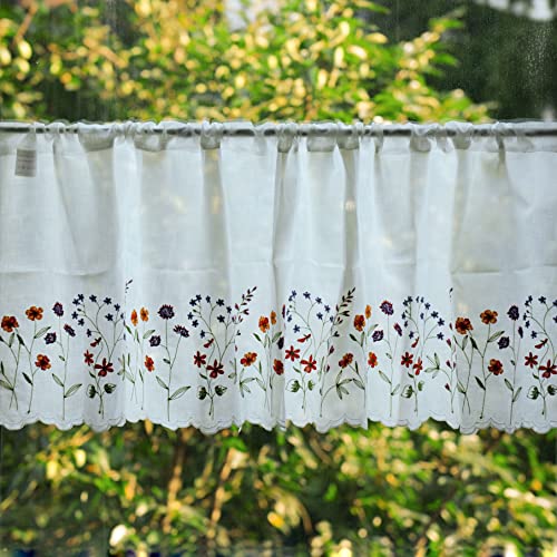 yurlisa 027 Floral Embroidery Pastoral Style Valance, White Sheer Flowers Valances,Window Treatment for Kitchen,W43XL18 inch (Wild Flower)