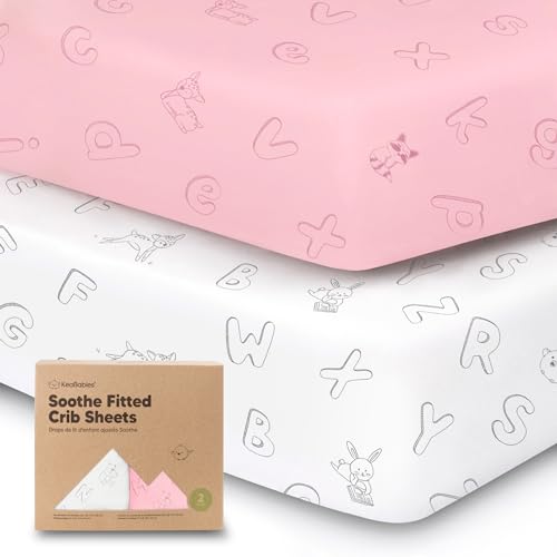 2-Pack Organic Cot Sheets for Boys, Girls - Jersey Fitted Cot Sheet, Baby Cot Sheets Neutral, Cot Mattress Sheet, Cotton Cot Sheets, Soft Baby Sheets for Cot, Unisex Cot Fitted Sheets (ABC Land Rose)