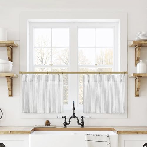 "Lino Rosa Small Window Curtains, 24"" x 18"" Length, Sheer, Half Pleated, Grey and White, Curtains for Kitchen, Bathroom, Windows"