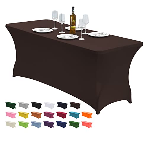 "CWK 8FT Stretch Spandex Fitted Tablecloth,Rectangular Table Cover,Coffee - Fits 96x30"" rectangular folding tables.Wrinkle & stain resistant stretch fabric.Ideal for parties,weddings & vendor events"