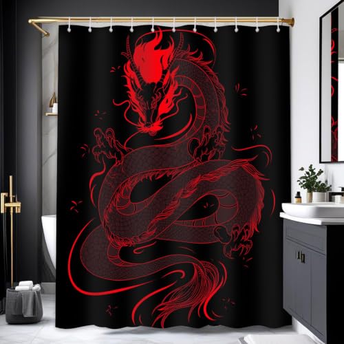 DLTAY Dragon Black Red Stall Shower Curtain, 48x72 in Narrow Small - for Stand Up Shower, Dragon Black Red Pattern Design, RV Camper Bathroom Decor, Waterproof Polyester Fabric, Plastic Hooks