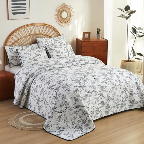 "EVENHUG 100% Cotton Quilt Set King Size Black Bird Floral Bedding Sets with Pillow Shams Breathable Lightweight Bedspreads Coverlet for All Season 3 Piece (106""x96"")"