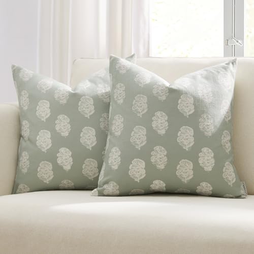 Meekio Set of 2 Pale Sage Pillow Covers with White Floral Block Print 18 x 18 inches Linen Throw Pillow Covers for Sofa Couch Decor