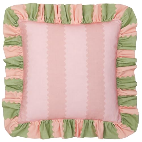 furn. Wylder Birdie Stripe Polyester Filled Cushion – Ruffle Edge Cotton Striped Decorative Pillow (Pink/Green – 45x45cm)