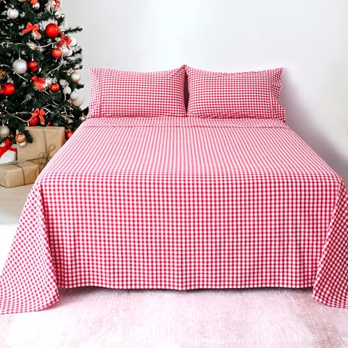"Best Season Cotton Checkered Full Size Sheets Set, 4 Piece, Red & White Plaid, 100% Cotton, Breathable & Cooling, Deep Pockets Up to 16"""