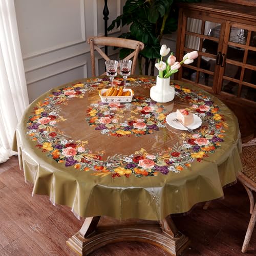 Artbloss Clear Table Cover Protector Vinyl PVC Round Table Cloth with Floral Fruit Pattern Oil Spill Proof Plastic Tablecloths for Dining Tables Parties Holidays (Floral Fruit, 60 Inches Round)