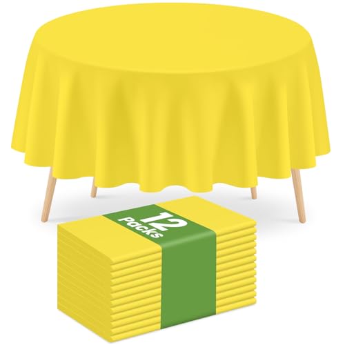 Mulbozy 12 Pack Yellow Round Tablecloth, 84 Inches Plastic Table Cover, Premium Disposable Round Party Tablecloth for Restaurant Dinners, Wedding, Grad Party, Baby Shower, Outdoor Camping