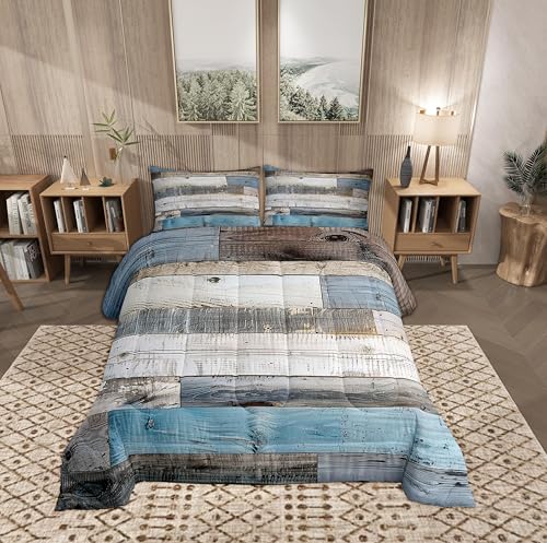 Castle Fairy Splicing Wooden Stripes Comforter Set,Western Farmhouse Style Bedding Set Kids Teens Modern Decor,Blue Grey Old Barn Door Comforter with 1 Pillowcase for All Seasons,Twin
