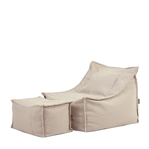 icon Alto Bean Bag Chair and Footstool, Beige, Woven Fabric suitable for Indoor Outdoor use, Large Adult Bean Bag with Filling Included, Floor Chair, Garden, Garden Furniture, Outdoor Seating