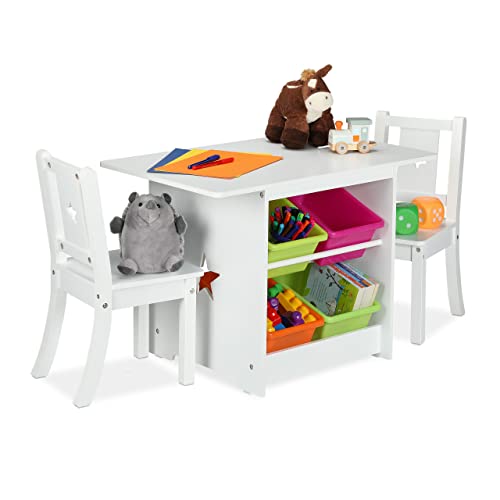 Relaxdays Children's Furniture Set, Kids' Table with 2 Chairs, with Colourful Storage Boxes, HxWxD: 52x75x46 cm, White, Fibreboard