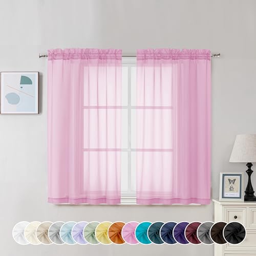 Chyhomenyc Pink Sheer Curtains 45 Inch Long 2 Panels, Light Filtering Rod Pocket Voile Short Curtains Drapes for Bedroom Small Windows, 42Wx45L Inches