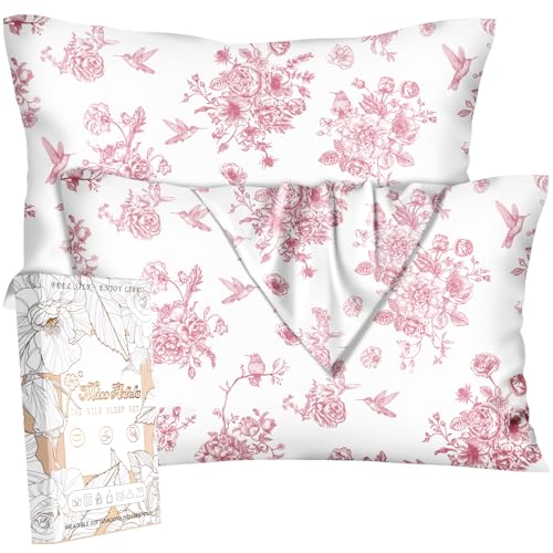 Miss Adola Silk Pillow Cases 2 Pack - Standard Size 20 x 26 Inch Mulberry Silky Pillowcase for Hair and Skin Soft Cute Aesthetic Bed Sleeping Pillow Cover with Zipper for Women, Line Flower Bird
