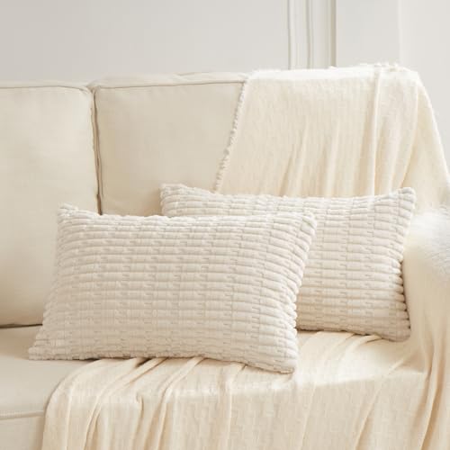 Fancy Homi 2 Packs Cream Lumbar Decorative Throw Pillow Covers 14x24 Inch for Living Room Couch Bed Sofa, Rustic Farmhouse Boho Home Decor, Soft Striped Corduroy Rectangle Cushion Case 35x60 cm