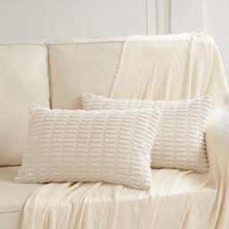 Fancy Homi 2 Packs Cream Lumbar Decorative Throw Pillow Covers 14x24 Inch for Living Room Couch Bed Sofa, Rustic Farmhouse Boho Home Decor, Soft Striped Corduroy Rectangle Cushion Case 35x60 cm