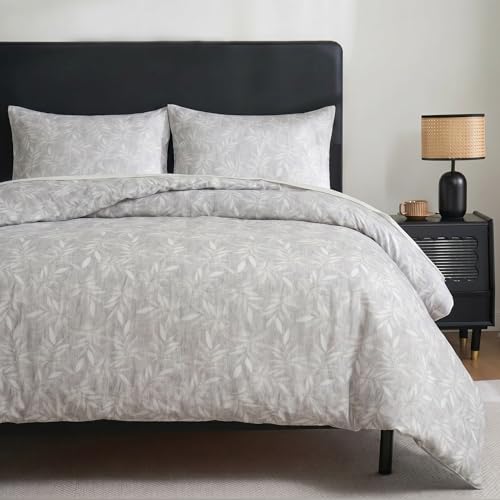 Herside 100% Cotton Double Gauze Striped Duvet Cover Set Queen Size,Gray Beige Botanical Leaf Pattern Soft Breathable Cotton Bedding Set Modern Simple 3 Piece Quilt Duvet Set for All Seasons