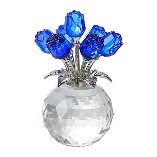 Blue Rose Flower Crystal Figurine with Vase, Bouquet Flowers Ornament Gifts for Wife Girlfriend Women, Handmade Crystal Flower Collectible Home Table Decor ???for Valentine's Day Wedding Anniversary