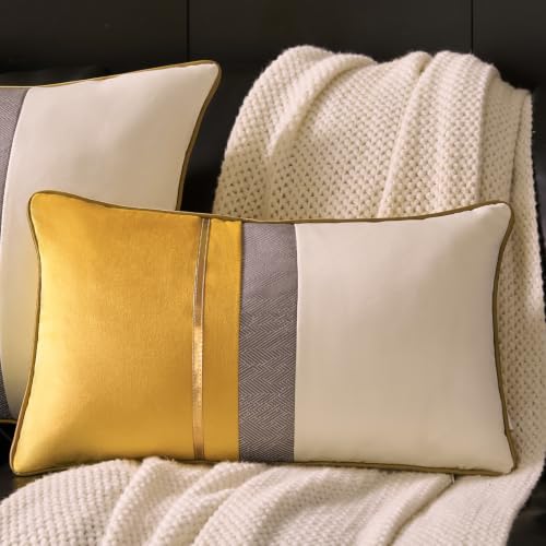 Avigers Lumbar Pillow Cover 12 x 20 Inch, Yellow???White, Rayon Blend - Insert not included Art Deco patchwork accent for couch, sofa, bed and living room removable for seasonal updates
