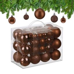 Relaxdays Christmas Baubles, Set of 50, Tree Ornaments, Holiday Decorations, Plastic, Glittery, Matte & Shiny, Brown