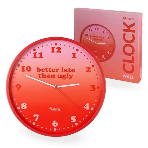 "Fisura – Original Wall Clock ""Better late than ugly"". Silent Wall Clocks for Living room, Kitchen, Office, Bedroom. Modern Design in Pink and Red 35cm. Requires 1 AA Battery (Not Included)"
