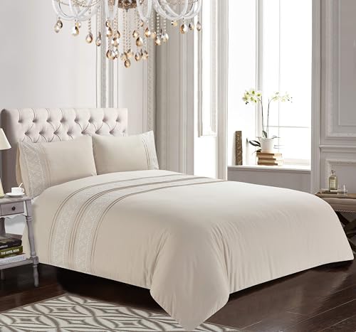 Rapport home Charlotte Embroidered Duvet Cover Set - Elegant Soft Beige Bedding with Delicate Floral Design - Luxury Easy Care Quilt Cover & Pillowcases - Double Size