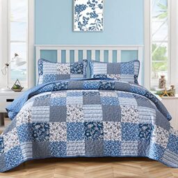 "Mybedsoul Blue Boho Quilt Set Queen Size,3 Pieces Plaid Floral Bedspread Coverlet Set for All Season,Patchwork Reversible Bedding Set Queen 90""x90"""