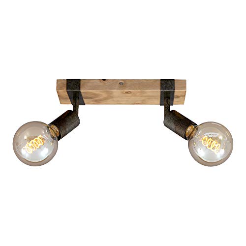 BRILONER - Vintage Ceiling Light, 2 x E27 Adjustable Spot Lights, max 25W, Retro Design Spotbar, Wooden Base, Spotlights, Ceiling Light Living Room, Kitchen Lights Ceiling, 28x10x9 cm, Wood-Black