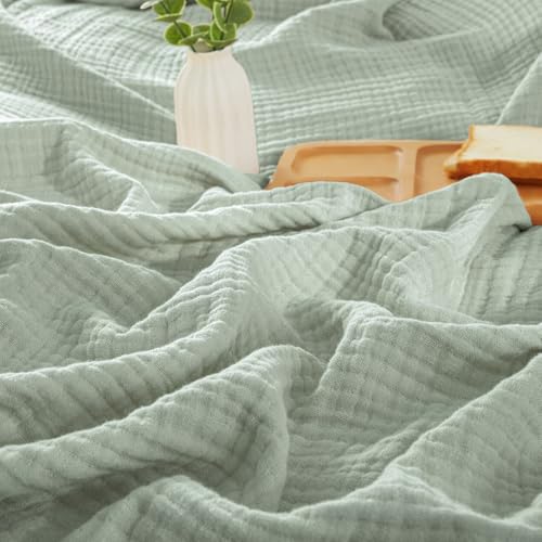 "PHF 100% Cotton Muslin Blanket Queen Size 90""x90"", 4-Layer Lightweight Gauze Throw, Breathable Cloud-Soft Minimalist Blanket for Bed, Couch, Camping & Baby, Sage Green"