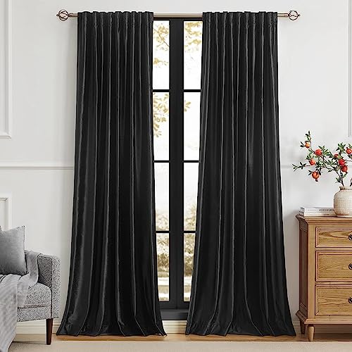 PRIMROSE Black Curtains 72 inch for Living Room Velvet Drapes Blackout Rod Pocket Back Tab Window Treatment Semi Room Darkening Decor Curtains for Bedroom Set of 2 Panels