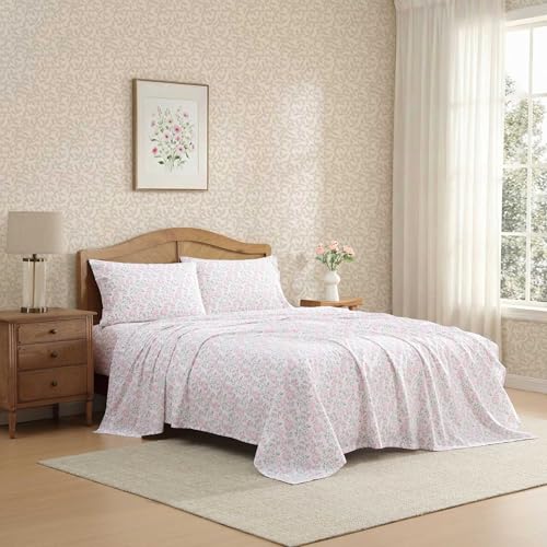Laura Ashley - Queen Sheet Set, Crisp & Cool Cotton Percale Bedding for Year Round Comfort, Deep Pocket, Bed Sheets with Matching Pillowcases (Blossom Bliss Pink)