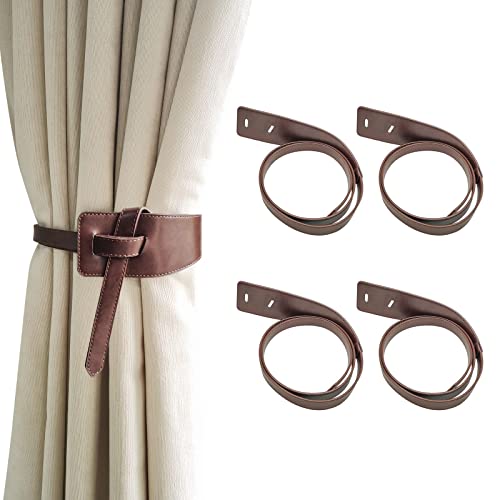 Rddconkit Leather Curtain Tie Backs, 4 Piece Minimalist Leather Drapery Tiebacks, Window Treatment Holdbacks, Vintage Style Curtain Tie Backs (Coffee)