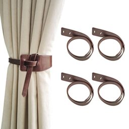 Rddconkit Leather Curtain Tie Backs, 4 Piece Minimalist Leather Drapery Tiebacks, Window Treatment Holdbacks, Vintage Style Curtain Tie Backs (Coffee)