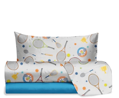 hermet Jolly Tennis Single Bed Sheet Set, 100% Cotton, Top Sheet + Fitted Sheet + Pillowcase, Bedding Set with Nursery Design