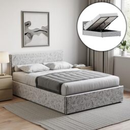 Vida Designs Veronica Double Ottoman Bed Frame - Silver Velvet - 82 H X 144 W x 200 D cm (4ft6) - Upholstered Velvet Headboard - Gas-Lift - Large Storage - Slatted Base - Premium Bedroom Furniture