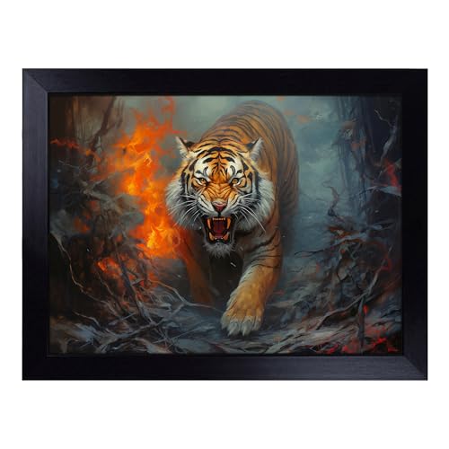 Lap Tray with Bean Bag Cushion, Tiger Contemporary - Handmade in the UK, Raised Wooden Edge, Padded Cushion, Heat-Resistant Wipe-Clean Surface, for Meals, Laptops and Crafts