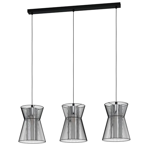 Eglo Pendant Lighting Maseta, 3 Bulb Ceiling Light Fitting Made of Black Metal and Smoked Glass, Hanging lamp for Dining and Living Room, E27 Socket