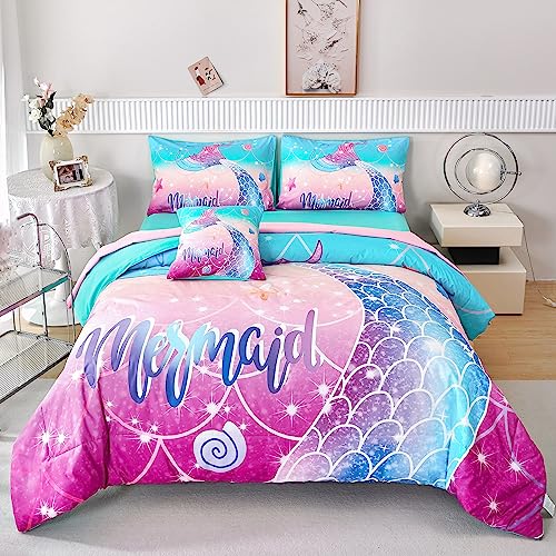 RYNGHIPY Kids Girls Comforter Set 6Pcs, Mermaid Bed in a Bag Full Size, Fish Tail Print Teens Girls Bedding Set, Rainbow Bedding Collections