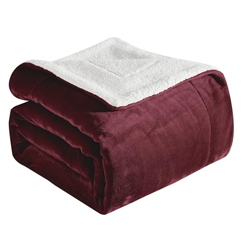 Elegant Comfort Ultra Soft Reversible Flannel Sherpa Blanket - Cozy Silky Fleece Throw for Couch, Bed - Plush Fuzzy Warm Winter Blanket for Gift, Queen, Burgundy
