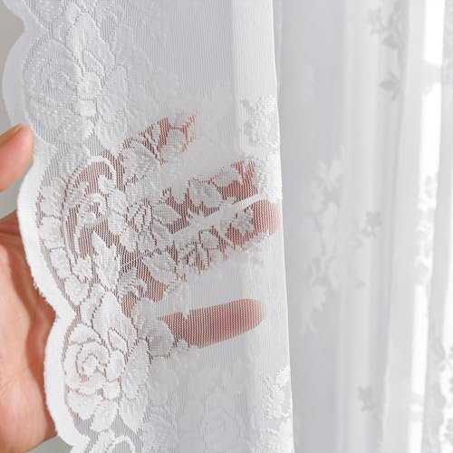 Kotile Lace Curtains 84 Inches Long - Floral Embroidery Country Lace Sheer Curtains for Living Room, Scalloped Trim Tulle White Sheer Lace Curtains for Windows, 52 x 84 Inch, 2 Panels, White