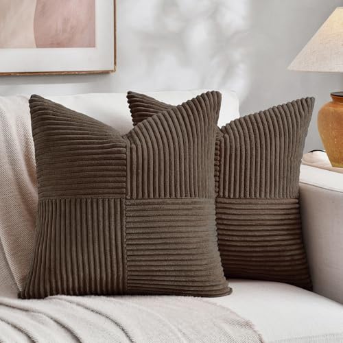 Fancy Homi 2 Packs Dark Brown Decorative Throw Pillow Covers 22x22 Inch for Living Room Couch Bed Sofa, Rustic Farmhouse Boho Home Decor, Soft Corss Corduroy Patchwork Accent Cushion Case 55x55 cm